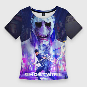 Женская футболка 3D Slim с принтом Ghostwire: Tokyo Главный герой в Белгороде,  |  | Тематика изображения на принте: games | ghostwire | logo | mask | neon | ps5 | samurai | tokyo | игры | лого | маска | неон | пс5 | самурай | токио