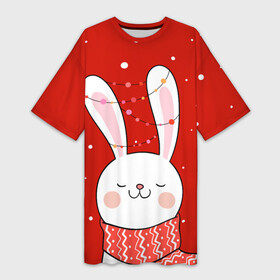 Платье-футболка 3D с принтом ЗАЙКА И СНЕЖИНКИ в Белгороде,  |  | Тематика изображения на принте: 2023 | зайка | зайка и снегопад | зайка и снежинки | зайчик и снегопад | зайчик и снежинки | заяц | заяц и снегопад | заяц и снежинки | кролик | кролик и снегопад | кролик и снежинки | новый год