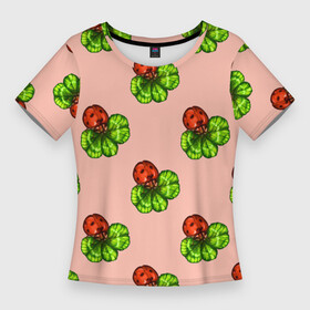 Женская футболка 3D Slim с принтом Божья коровка и клевер на розовом. в Белгороде,  |  | 4х листник | ladybug | божьи коровки | божья коровка | клевер | на счастье | на удачу | насекомое | насекомые | паттерн | розовый | символ счастья | символы удачи | четырехлистник