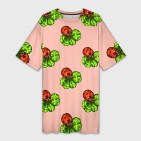 Платье-футболка 3D с принтом Божья коровка и клевер на розовом. в Белгороде,  |  | 4х листник | ladybug | божьи коровки | божья коровка | клевер | на счастье | на удачу | насекомое | насекомые | паттерн | розовый | символ счастья | символы удачи | четырехлистник