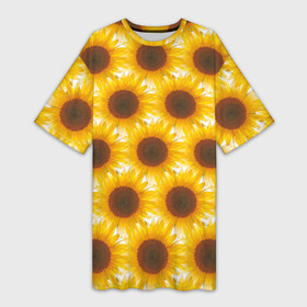 Платье-футболка 3D с принтом Желтые подсолнухи паттерн в Белгороде,  |  | желтые | листья | подсолнухи | поле | семена | семечки | солнце