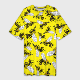 Платье-футболка 3D с принтом Пчелы на желтом в Белгороде,  |  | Тематика изображения на принте: bee | honey | insect | nature | spring | summer | sunny | yellow | весно | желтый узор | жук | крылья | лето | мед | много насекомых | насекомые | оса | пасечник | природа | пчела | пчелиный рой | пчелка | пчеловод | пчелы | рой пчел