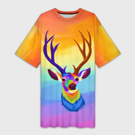 Платье-футболка 3D с принтом Олень  Красочный в Белгороде,  |  | animal | artiodactyl | cervidae | deer | forest deer | жвачные | животное | лесной олень | оленевые | олень | оленьи | парнокопытное