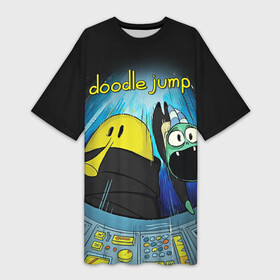 Платье-футболка 3D с принтом Doodle in spaceship в Белгороде,  |  | Тематика изображения на принте: doodle | doodle jump | game | jump | видеоигра | дудлик | игра | игры | каракуля | мобилка | мобильная игра | платформер