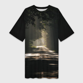 Платье-футболка 3D с принтом Тенистый путь в Белгороде,  |  | асфальт | деревья | дорога | дымка | лес | природа | рассвет | светлый | серый | солнечные лучи | тропа