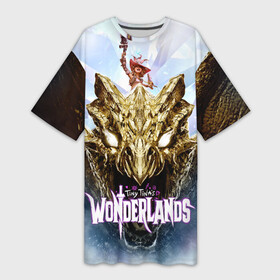 Платье-футболка 3D с принтом Тина на золотом драконе в Белгороде,  |  | 2k | borderlands | dragon | fire | games | role playing | shooter | sword | tiny tinas wonderlands | weapon | дракон | игры | меч | огонь | оружие | шутер