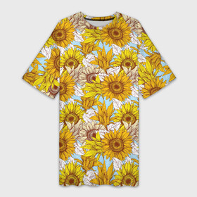 Платье-футболка 3D с принтом Желтые подсолнухи  паттерн в Белгороде,  |  | желтые подсолнухи | лето | подсолнухи | поле | семена | семечки | цветы