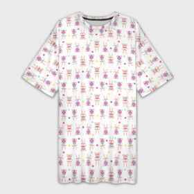 Платье-футболка 3D с принтом Веселые кролики с пасхальными яйцами в Белгороде,  |  | белый фон | бирюзовый | детский | желтый | зайчик | заяц | кролик | мультяшный стиль | пастельные тона | пасха | пасхальный | персонаж | розовый | фиолетовый | яйцо