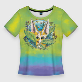 Женская футболка 3D Slim с принтом Лиса фенек среди цветов в Белгороде,  |  | акварель | бабочка | божья коровка | глаза | живопись | животное | круг | лис | лиса | луг | небо | персонаж | поле | пятно | рыжий | фенек | цветок | цветы