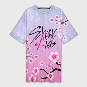 Платье-футболка 3D с принтом Stray Kids цветы сакуры в Белгороде,  |  | bang chan | changbin | han | hyunjin | k pop | korean pop | lee felix | lee know | seungmin | skz | stray kids | бэнг чан | ли ноу | ли феликс | сакура | скз | стрей кидс | хан | хёнджин | цветы | чана | чангбин