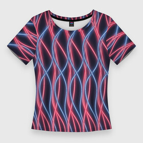 Женская футболка 3D Slim с принтом Неоновые волны. Розовый и голубой на темном фоне. в Белгороде,  |  | вертикальный | волнистый | волны | дебри | детск | для девочки | для мальчика | женский | извилистый | красный | линии | много | мужской | неон | неоновый | переплетение | провода | розовый