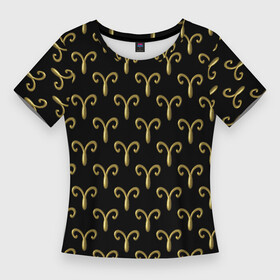 Женская футболка 3D Slim с принтом Золотой овен на черном фоне. Паттерн в Белгороде,  |  | 3d | 3д | апрель | бесшовный | гороскоп | знак | зодиак | золото | золотой | март | металл | на день рождения | овен | паттерн | псевдо 3d | символ | узор | черный фон