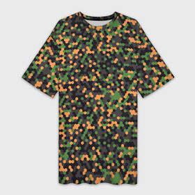 Платье-футболка 3D с принтом Абстрактный геометрический оранжевый черный и зеленый гексагональной военный камуфляж в Белгороде,  |  | abstraction | camouflage | military | абстракция | армия | боец | военный камуфляж | воин | война | геомет | идеализация | камуфляж | маскировка | масхалат | математика | милитари | охота | охрана | пиксели