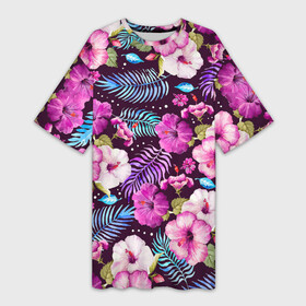 Платье-футболка 3D с принтом Цветочный Паттерн  Flowers and leaves в Белгороде,  |  | flowers | leaves | летнее | лето | листья | паттерн | перья | природа | текстуры | узоры | цветы | яркие