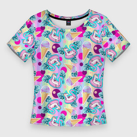 Женская футболка 3D Slim с принтом Единороги на радужном фоне с мороженым в Белгороде,  |  | dab unicorn | horse | ice cream | pony | unicorn | единорог | животное | зверь | конь | лошадь | мифическое существо | мороженое | мультик | пони | радуга | сказка | фламинго