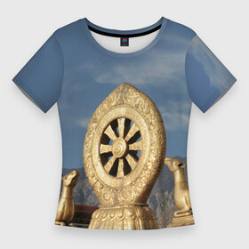 Женская футболка 3D Slim с принтом Колесо Дхармы в Белгороде,  |  | азия | будда | буддизм | восток | джоканг | дхарма | закон | колесо | лхаса | монастырь | олень | проповедь | спицы