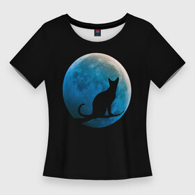 Женская футболка 3D Slim с принтом Силуэт кота на фоне синей луны в Белгороде,  |  | background | blue | branch | cat | darkness | glow | kitten | moon | night | on | reflect | silhouette | sphinx | sunset | tree | ветка | дерево | закат | кот | кота | котенок | кошка | луна | луны | на | ночь | отблеск | сансет | свечение | силуэт | сине