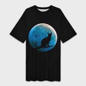 Платье-футболка 3D с принтом Силуэт кота на фоне синей луны в Белгороде,  |  | background | blue | branch | cat | darkness | glow | kitten | moon | night | on | reflect | silhouette | sphinx | sunset | tree | ветка | дерево | закат | кот | кота | котенок | кошка | луна | луны | на | ночь | отблеск | сансет | свечение | силуэт | сине