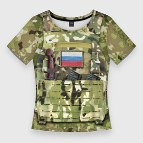 Женская футболка 3D Slim с принтом Бронежилет с боекомплектом в Белгороде,  |  | Тематика изображения на принте: армия | боекомплект | бронежилет | камуфляж | магазин акм | солдатский | флаг россии | шеврон | штык нож