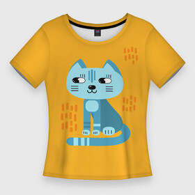 Женская футболка 3D Slim с принтом Очаровательный котик в плоском стиле в ярких цветах в Белгороде,  |  | дудл стиль | желтый | кот | котенок | котик | кошечка | кошка | мультяшный стиль | оранжевый | плоский стиль | синий