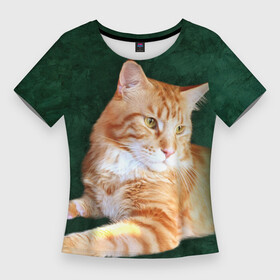 Женская футболка 3D Slim с принтом Мейн кун рыжий кот в Белгороде,  |  | Тематика изображения на принте: cat | зеленая | зеленый | кот | котенок | котик | красивый | кун | мейн | порода | рыжий | фотография
