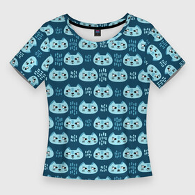 Женская футболка 3D Slim с принтом Мордочки котов в плоском стиле. Паттерн в Белгороде,  |  | дудл стиль | кот | котенок | котики | кошка | мультяшный стиль | оттенки синего | паттерн | плоский стиль | синий