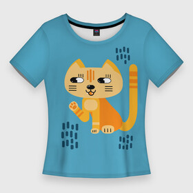 Женская футболка 3D Slim с принтом Рыжий кот в геометрическом стиле в Белгороде,  |  | геометрический стиль | кот | котенок | котик | кошачий | кошка | лапа | лапка | мультяшный стиль | оранжевый | плоский стиль | рыжий | синий фон | стилизованный | упрощенный стиль