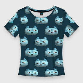 Женская футболка 3D Slim с принтом Мордочки котов с эффектом 3d. Паттерн в Белгороде,  |  | 3d | 3д | голова | дудл стиль | кот | котенок | котик | кошачий | кошка | лицо | мордочка | мультяшный стиль | объемный | плоский стиль | синий