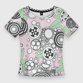 Женская футболка 3D Slim с принтом Абстрактные черно белые круги в зелёных листьях в Белгороде,  |  | абстрактные круги | геометрические круги | геометрические кружочки | геометрический узор | круги | круги и зелёные листья | кружочки | кружочки абстракционизм | узор из кругов