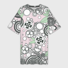 Платье-футболка 3D с принтом Абстрактные черно белые круги в зелёных листьях в Белгороде,  |  | абстрактные круги | геометрические круги | геометрические кружочки | геометрический узор | круги | круги и зелёные листья | кружочки | кружочки абстракционизм | узор из кругов