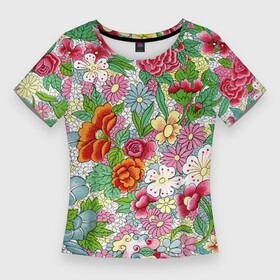 Женская футболка 3D Slim с принтом ЦВЕТОЧНОЕ ИЗОБИЛИЕ в Белгороде,  |  | botanical | flowers | garden | plants | ботанический | природа. акварель. модный | растения | сад | цветы