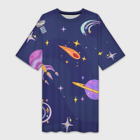 Платье-футболка 3D с принтом Космический дизайн с планетами, звёздами и ракетами в Белгороде,  |  | астероид | астронавт | астрономия | звездопад | звезды | инопланетяне | космический корабль | космонавт | космос | летающая тарелка | луна | нло | планета | планеты | ракета | сатурн