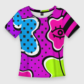 Женская футболка 3D Slim с принтом Яркий абстрактный узор в стиле 90х, неоновые цвета в Белгороде,  |  | 90 | 90х | 90ые | pop art | амебы | геометрический | глаз | глаза | кислотные | кляксы | неон | неоновый | поп | поп арт | пятна | розовый | салатовый | сетка дот | яркий