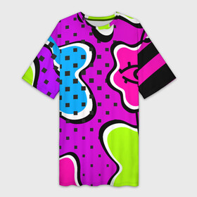 Платье-футболка 3D с принтом Яркий абстрактный узор в стиле 90х, неоновые цвета в Белгороде,  |  | 90 | 90х | 90ые | pop art | амебы | геометрический | глаз | глаза | кислотные | кляксы | неон | неоновый | поп | поп арт | пятна | розовый | салатовый | сетка дот | яркий