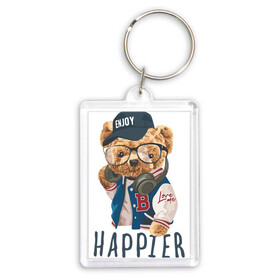 Брелок прямоугольный 35*50 с принтом ENJOY HAPPIER в Белгороде,  |  | art | bear | bear in a bomber jacket | cool bear | drawing | headphones | арт | крутой мишка | медведь | мишка | мишка в бомбере | наушники | очки | рисунок