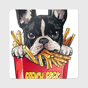 Магнит виниловый Квадрат с принтом БУЛЬДОГ В КАРТОШКЕ ФРИ в Белгороде, полимерный материал с магнитным слоем | размер 9*9 см, закругленные углы | art | bulldog | dog | doggie | drawing | french fries | арт | бульдог | картошка фри | пес | песик | рисунок | собака