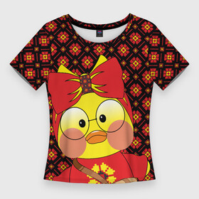 Женская футболка 3D Slim с принтом Лалафанфан в красном в Белгороде,  |  | lalafanfan duck | игрушка | лалафанфан | орнамент | птица | узор | утка | уточка