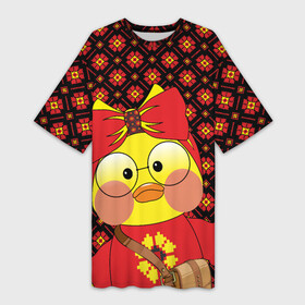 Платье-футболка 3D с принтом Лалафанфан в красном в Белгороде,  |  | lalafanfan duck | игрушка | лалафанфан | орнамент | птица | узор | утка | уточка