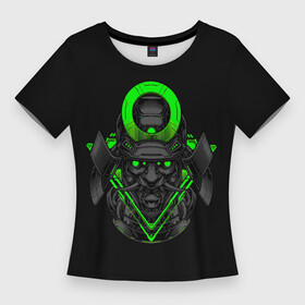 Женская футболка 3D Slim с принтом Неоновый Они Самурай в Белгороде,  |  | Тематика изображения на принте: cyber | cyberpunk | demon | devil | fangs | green | halo | horns | mask | mecha | monster | neon | oni | samurai | shogun | гало | демон | дьявол | зеленый | кибер | киберпанк | клыки | маска | меха | монстр | неон | неоновый | они | рога | самурай | сегу