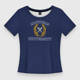 Женская футболка 3D Slim с принтом Michigan University, дизайн в стиле американского университета на синем фоне в Белгороде,  |  | est | michigan | university | америка | американские университеты | американский колледж | американский спорт | биты | колледж | мяч | спорт | сша | университеты америки
