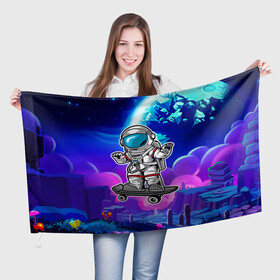 Флаг 3D с принтом Космонавт - скейтер в Белгороде, 100% полиэстер | плотность ткани — 95 г/м2, размер — 67 х 109 см. Принт наносится с одной стороны | астронавт | космонавт | космос | скейт | скейтер