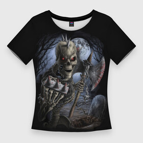 Женская футболка 3D Slim с принтом Территория кошмана в Белгороде,  |  | готы | ночь | рок | скелет | тьма | ужас | хоррор | череп | эмо