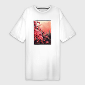 Платье-футболка хлопок с принтом Сакура пейзаж на фоне Фудзи  Sakura Fuji Landscape в Белгороде,  |  | cherry blossom | japan | japanese | mountain | nature | summer | tree | гора | горный пейзаж | дерево | живопись | искусство | лето | природа | фудзияма | цветение сакуры | япония | японский арт | японский рисунок