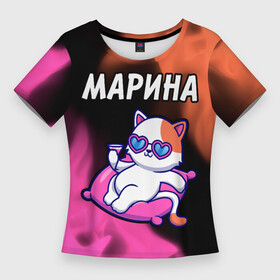 Женская футболка 3D Slim с принтом Марина + КОШЕЧКА + Пламя в Белгороде,  |  | имена | имени | имя | кошечка | марина | мариночка | мариша | маришка | огонь | пламя | русский | фамилия