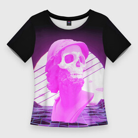 Женская футболка 3D Slim с принтом Vaporwave  Skull  Психоделика в Белгороде,  |  | mountains | psychedelic | skull | sun | vaporwave | горы | психоделика | солнце | череп