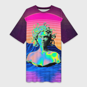 Платье-футболка 3D с принтом Gorgon Medusa  Vaporwave  Neon  Mountains в Белгороде,  |  | color | face | gorgon | medusa | neon | snake | vaporwave | горгона | змея | лицо | медуза | неон | цвет