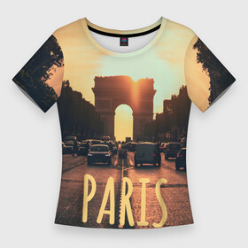 Женская футболка 3D Slim с принтом Закат в Париже в Белгороде,  |  | paris | авто | автомобиль | ампир | арка | арка победы | архитектура | вечер | гламур | город | де голль | дорога | закат | машина | наполеон | париж | площадь | победа | триумф | триумфальная