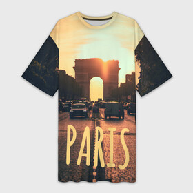 Платье-футболка 3D с принтом Закат в Париже в Белгороде,  |  | paris | авто | автомобиль | ампир | арка | арка победы | архитектура | вечер | гламур | город | де голль | дорога | закат | машина | наполеон | париж | площадь | победа | триумф | триумфальная