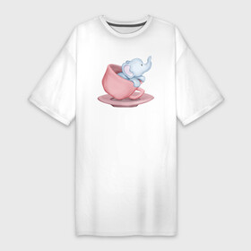 Платье-футболка хлопок с принтом Милый Слонёнок Внутри Чашки в Белгороде,  |  | animals | beast | cute | животные | звери | милый | слон | слонёнок