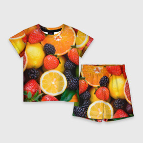 Детский костюм с шортами 3D с принтом ИЗОБИЛИЕ ФРУКТОВ в Белгороде,  |  | Тематика изображения на принте: вегетарианский | веселые | еда | ежевика | желтый | здоровый | зеленый | клубника | красный | красочные | лето | лимон | оранжевый | природа | свежие | узор | фрукты | цитрусовые | яблоко